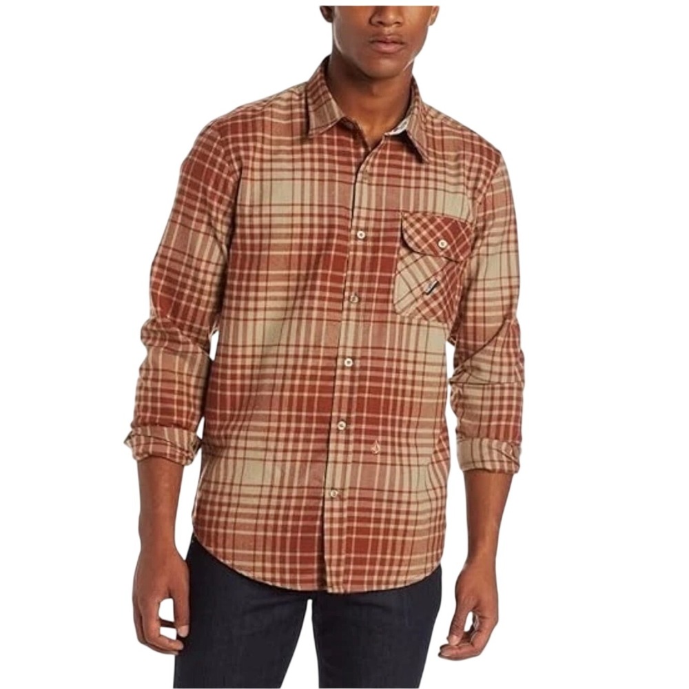Volcom Donner Flannel Shirt Men’s XL Brown Plaid Button Up Long Sleeve